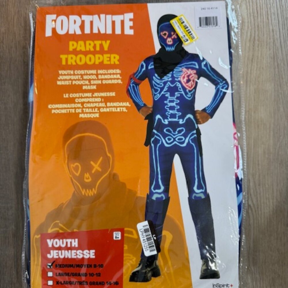 NEW Fortnite Party Trooper Halloween Kid's Dress Up Costume Sz. Med 8-10